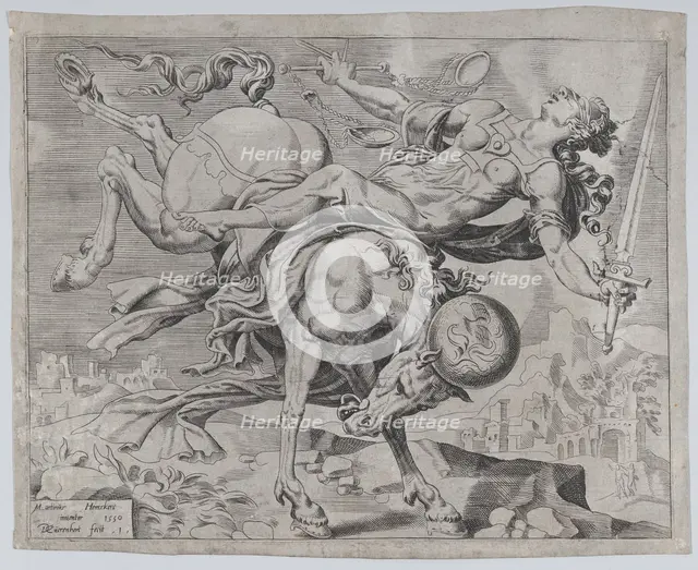 The World Disposing of Justice, from The Unrestrained World, plate 1, 1550. Creator: Dirck Volkertsen Coornhert.