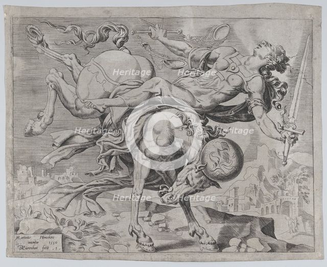 The World Disposing of Justice, from The Unrestrained World, plate 1, 1550. Creator: Dirck Volkertsen Coornhert.