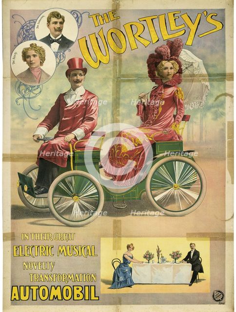 The Wortley's in their great electric musical novelty transformation Automobil, 1896. Artist: Friedländer, Adolph (1851-1904)