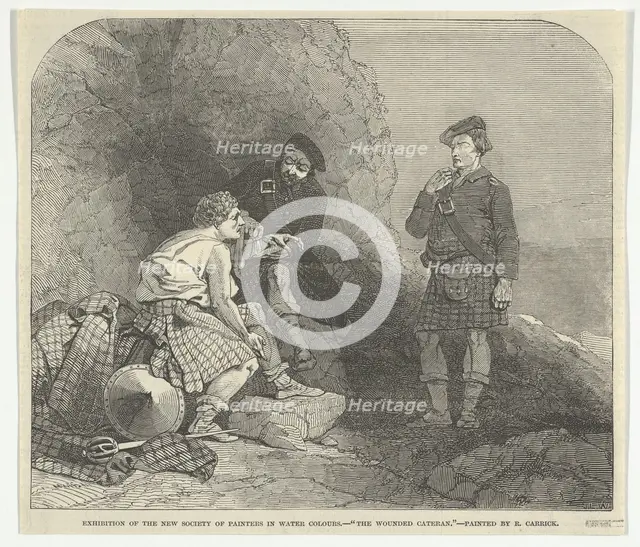 The Wounded Cateran by R. Carrick, Exhibition of the New Society of Painters in Wa..., May 13, 1848. Creator: Joseph Lionel Williams.