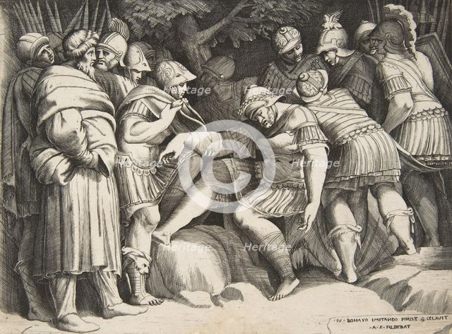 The wounded soldier Scipio in the centre surrounded by figures, 1531-76. Creator: Giulio Bonasone.
