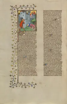 The Wounding of Pyrrhus; Des cas des nobles hommes et femmes, about 1413-1415. Creators: Boucicaut Master, Workshop of the Boucicaut Master