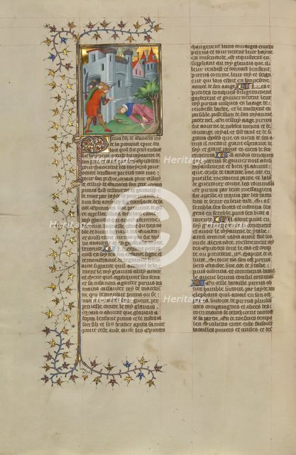 The Wounding of Pyrrhus; Des cas des nobles hommes et femmes, about 1413-1415. Creators: Boucicaut Master, Workshop of the Boucicaut Master.