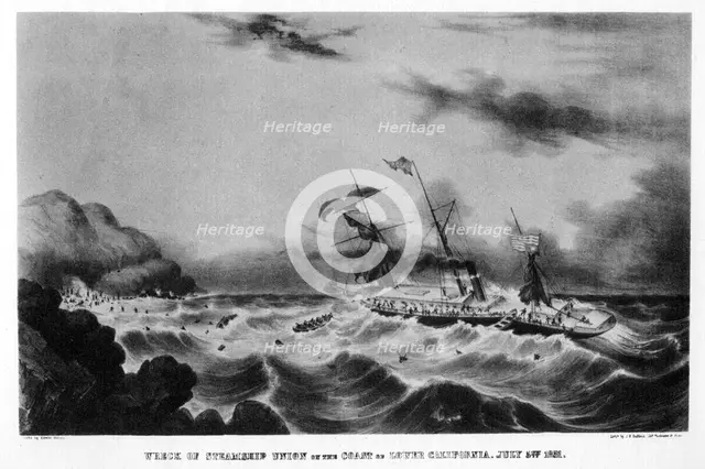 The wreck of the steamship 'Union' on the coast of lower California, 1851 (1937).Artist: John Henry Bufford