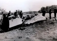 The wreckage of Rudolf Hess's Messerschmitt Bf 110 aircraft, Scotland, World War II, May 1941. Creator: Unknown