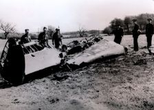 The wreckage of Rudolf Hess's Messerschmitt Bf 110 aircraft, Scotland, World War II, May 1941. Creator: Unknown