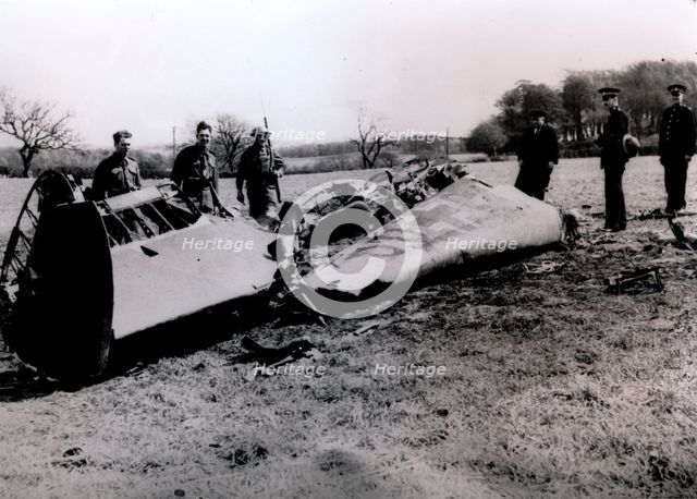 The wreckage of Rudolf Hess's Messerschmitt Bf 110 aircraft, Scotland, World War II, May 1941. Creator: Unknown.