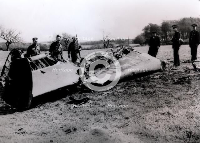 The wreckage of Rudolf Hess's Messerschmidt Bf 110 aircraft, Scotland, World War II, May 1941. Artist: Unknown