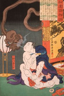 The Wrestler Onogawa Kisaburo Blowing Smoke at a One-Eyed Monster, 1865. Creator: Tsukioka Yoshitoshi