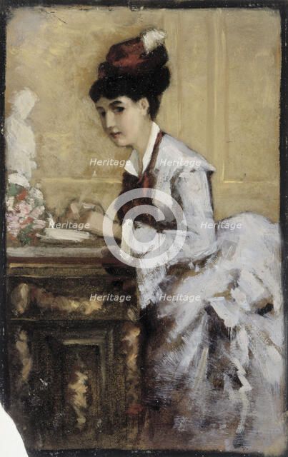 The writing woman, composition exercise I for the painting Rococo, 1874. Creator: Albert Edelfelt.