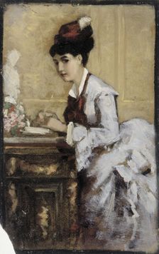 The writing woman, composition exercise I for the painting Rococo, 1874. Creator: Albert Edelfelt
