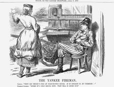 The Yankee Fireman 1866. Creators: John Tenniel, Andrew Johnson
