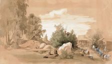 The yard of the house, women washing clothes in Tuomarinkyla, 1859. Creator: Werner Holmberg