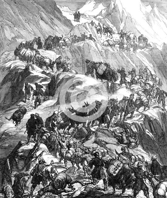 The Yarkund Mission: mules and baggage-train going over the Grim (Sanjoo) Pass, 1874. Creator: Unknown.