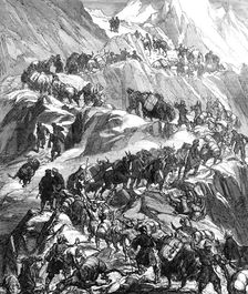 The Yarkund Mission: mules and baggage-train going over the Grim (Sanjoo) Pass, 1874. Creator: Unknown