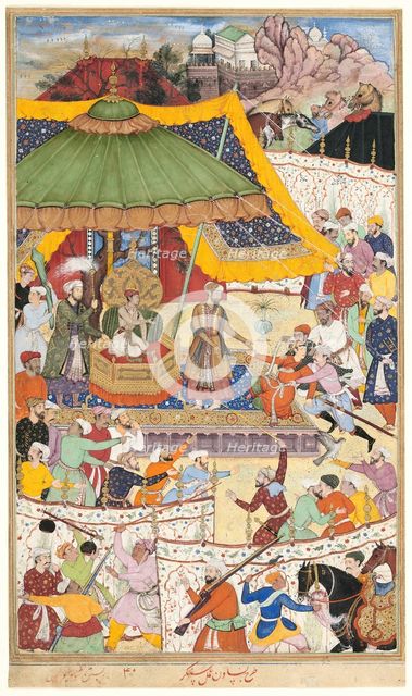 The Young Emperor Akbar Arrests the Insolent Shah Abu’l-Maali, page from a..., c1590/95. Creator: Unknown.