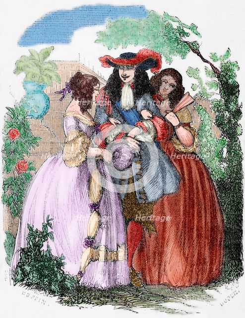The young Louis XIV strolling with the Mancini sisters, 19th century.  Creator: Unknown.