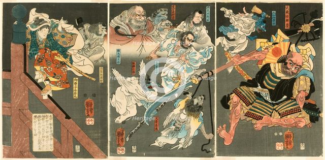 The Young Yoshitsune defeats Benkei at Gojo Bridge, c. 1848. Creator: Utagawa Kuniyoshi.