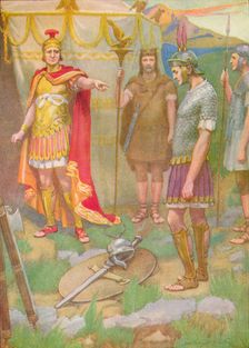 The youth laid the arms he had taken from his foe at his father's feet c1912 (1912). Artist: Ernest Dudley Heath
