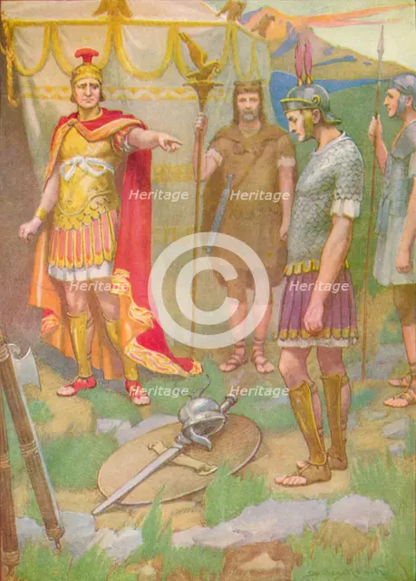 'The youth laid the arms he had taken from his foe at his father's feet', c1912 (1912). Artist: Ernest Dudley Heath.