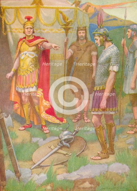 'The youth laid the arms he had taken from his foe at his father's feet', c1912 (1912). Artist: Ernest Dudley Heath.