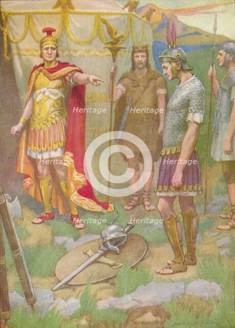 'The youth laid the arms he had taken from his foe at his father's feet', c1912 (1912). Artist: Ernest Dudley Heath.