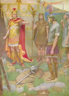 The youth laid the arms he had taken from his foe at his father's feet c1912 (1912). Artist: Ernest Dudley Heath