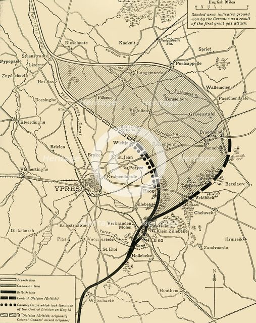 'The Ypres Salient before and after the Second Battle of Ypres...', First World War, 1915, (c1920). Creator: Unknown.