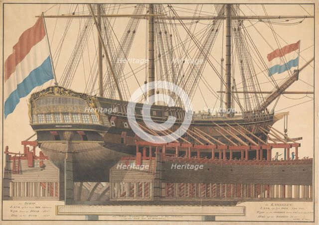 The 'Zoutman' on ship camels, 1807.  Creator: J. Vos.