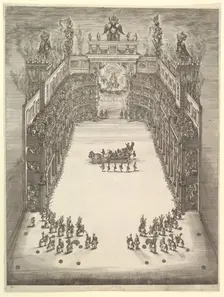 Theater at Modena, seen from above and filled with spectators, with a triumphal car at cen..., 1652. Creator: Stefano della Bella