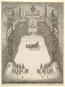 Theater at Modena, seen from above and filled with spectators, with a triumphal car at cen..., 1652. Creator: Stefano della Bella