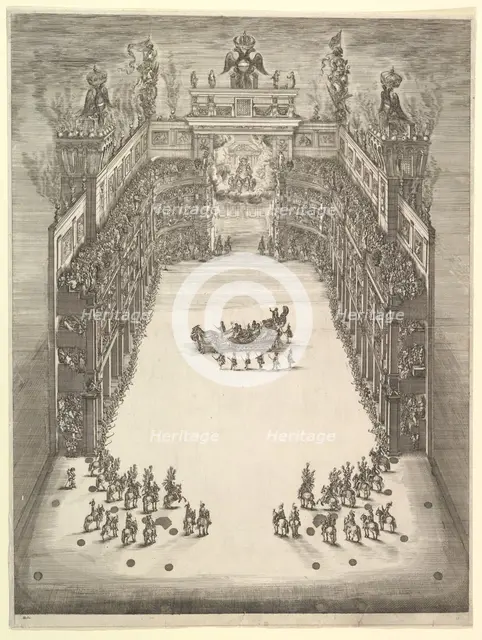 Theater at Modena, seen from above and filled with spectators, with a triumphal car at cen..., 1652. Creator: Stefano della Bella.