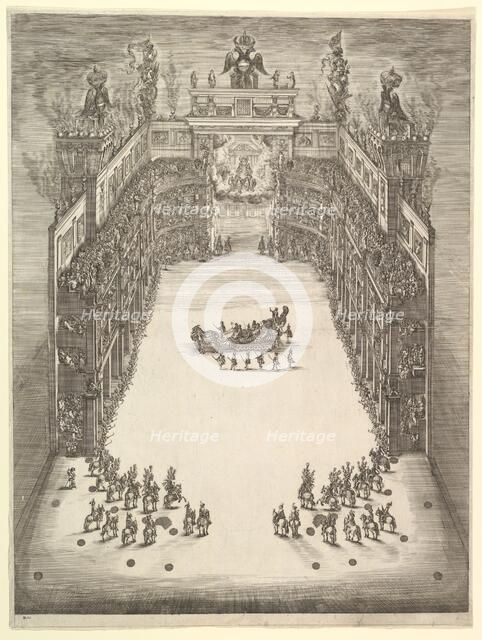 Theater at Modena, seen from above and filled with spectators, with a triumphal car at cen..., 1652. Creator: Stefano della Bella.