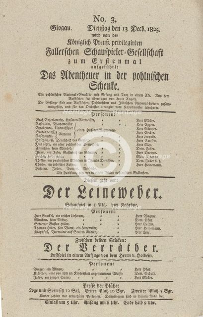 Theater playbill for "Das Abentheuer in der pohlnischen Schenke," "Der Leineweber"..., c1825. Creators: Petrn N Semenov, Louis Angely.