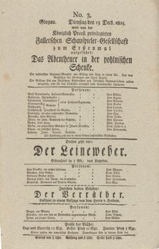 Theater playbill for "Das Abentheuer in der pohlnischen Schenke," "Der Leineweber"..., c1825. Creators: Petrn N Semenov, Louis Angely