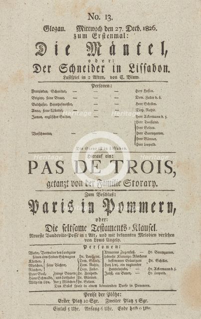 Theater playbill for "Die Mäntel, oder Der Schneider in Lissabon" and "Paris in Pommern..., c1826. Creators: Carl Blum, Eugène Scribe.