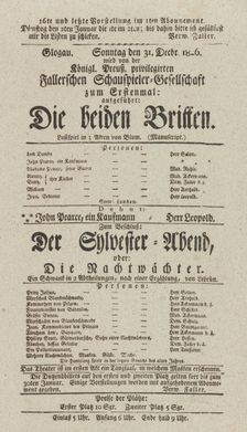 Theater playbill for "Die beiden Britten" and "Der Sylvester-Abend, oder Die Nachtwächter..., 1826. Creators: Carl Blum, Merville