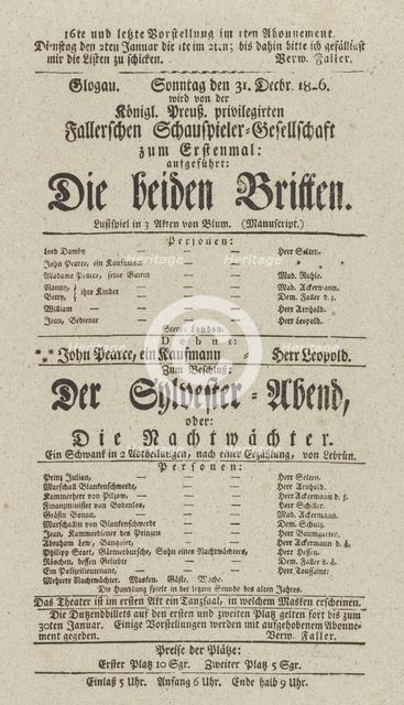 Theater playbill for "Die beiden Britten" and "Der Sylvester-Abend, oder Die Nachtwächter..., 1826. Creators: Carl Blum, Merville.