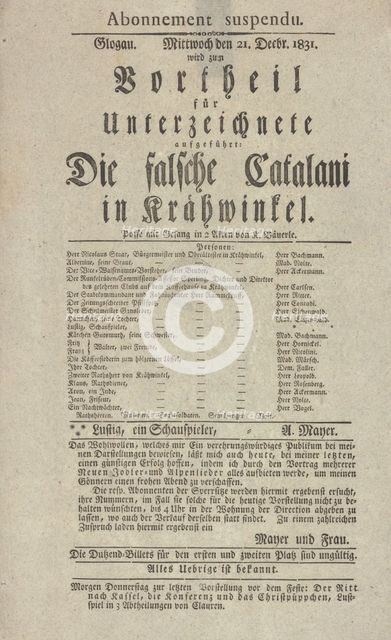 Theater playbill for "Die falsche Catalani in Krähwinkel," benefit performance..., c1831. Creator: Adolf Bauerle.
