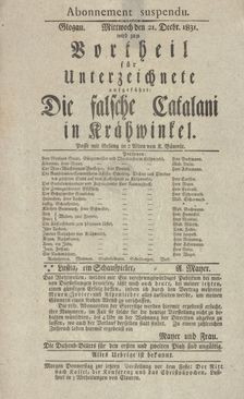 Theater playbill for "Die falsche Catalani in Krähwinkel," benefit performance..., c1831. Creator: Adolf Bauerle