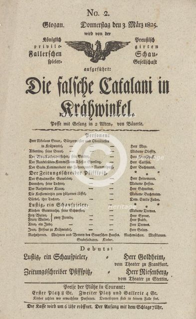 Theater playbill for "Die falsche Catalani in Krähwinkel," presented by the Königlich..., c1825. Creator: Adolf Bauerle.