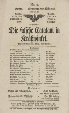 Theater playbill for "Die falsche Catalani in Krähwinkel," presented by the Königlich..., c1825. Creator: Adolf Bauerle