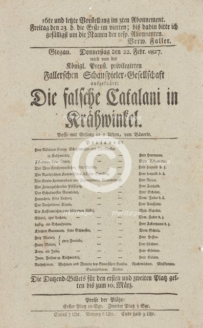 Theater playbill for "Die falsche Catalani in Krähwinkel," presented by the Königlich..., c1827. Creator: Adolf Bauerle.