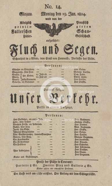 Theater playbill for "Fluch und Segen" and "Unser Verkehr," presented by the Königlich..., c1824. Creator: Christoph Ernst von Houwald.