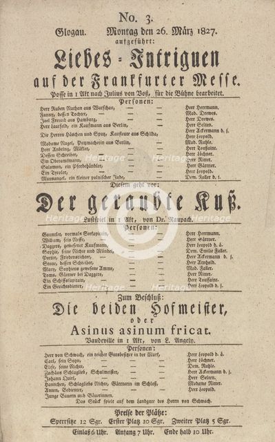 Theater playbill for "Liebes-Intriguen auf der Frankfurter Messe," "Der geraubte Kuß"..., c1827. Creator: Georg Christian Roemer.