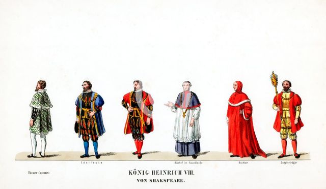 Theatre costume designs for Shakespeare's play, Henry VIII, 19th century. Artist: Unknown