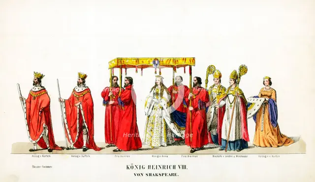 Theatre costume designs for Shakespeare's play, Henry VIII, 19th century. Artist: Unknown