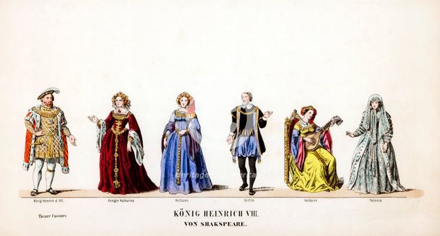 Theatre costume designs for Shakespeare's play, Henry VIII, 19th century. Artist: Unknown