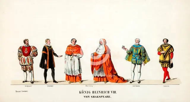 Theatre costume designs for Shakespeare's play, Henry VIII, 19th century. Artist: Unknown