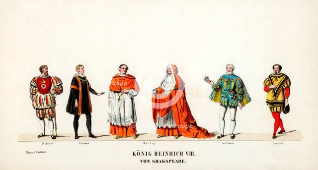 Theatre costume designs for Shakespeare's play, Henry VIII, 19th century. Artist: Unknown